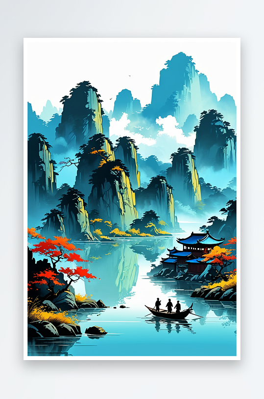 中式画风格山水风景