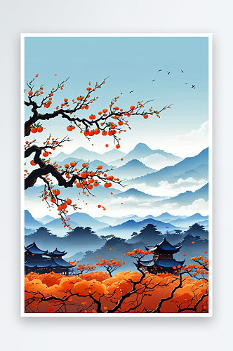 中式风秋天柿子树手绘插画