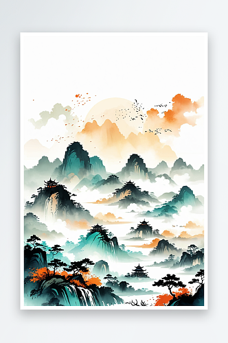 新中式式风格水墨山水风景插画