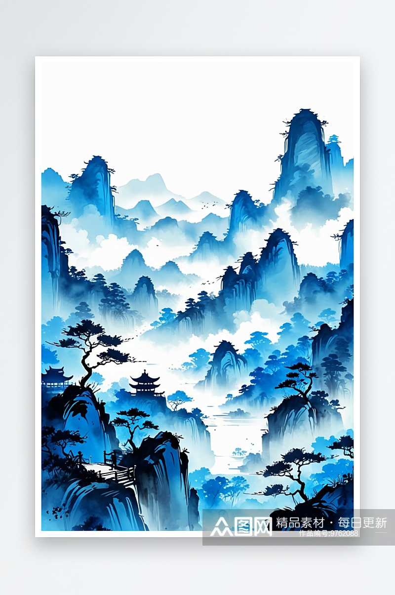 竖幅背景蓝色中式山水水墨画素材