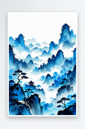 竖幅背景蓝色中式山水水墨画