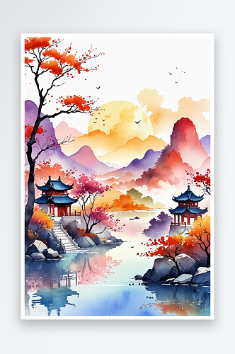 手绘中式风小清新水彩风格山水风景插画