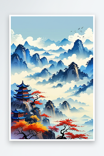 手绘中式风山水画