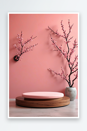 梅花桃花粉色背景墙与圆形平台展台