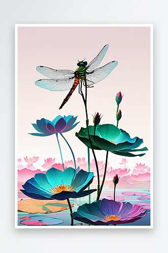 荷花蜻蜓插画图片