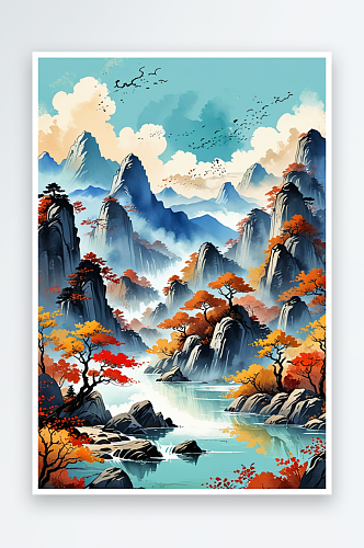 复古画画轴水彩风格山河秋色插画背景图