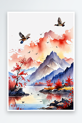 春夏天水彩风景画野鸭子麻雀红叶山色