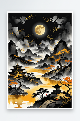 传统中式画背景金色黑色山水水墨月亮