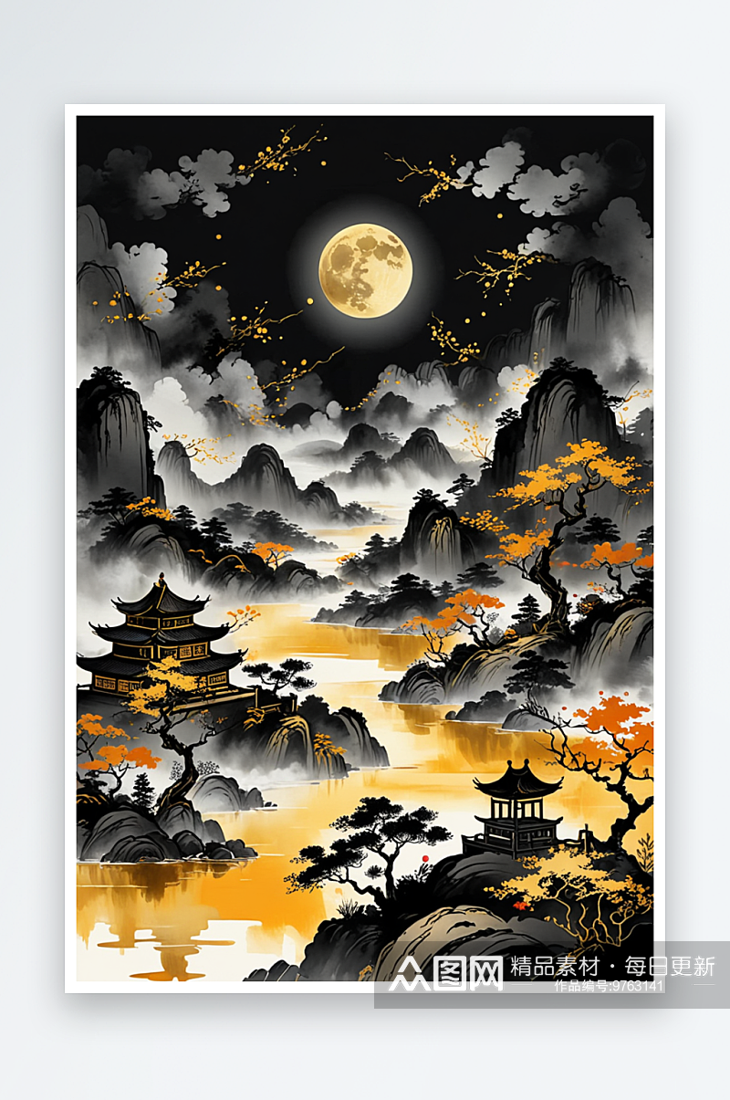 传统中式画背景金色黑色山水水墨月亮素材