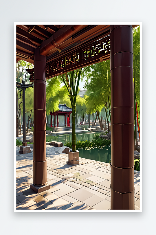 中式式长廊与竹叶江南园林景观设计