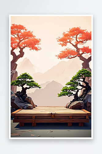 中式式盆景假山背景墙木质平台展台