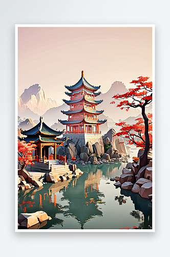 中式风建筑山水风景插画