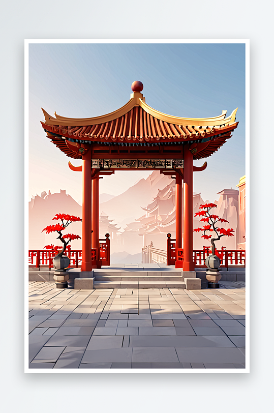 中式传统建筑门牌插画素材