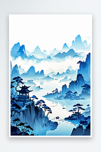 竖幅背景蓝色中式山水水墨画