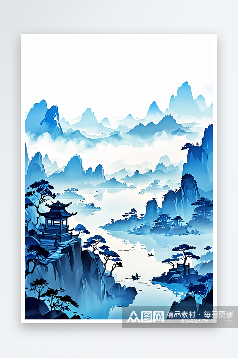 竖幅背景蓝色中式山水水墨画素材