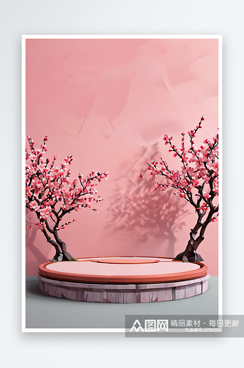 梅花桃花粉色背景墙与圆形平台展台素材