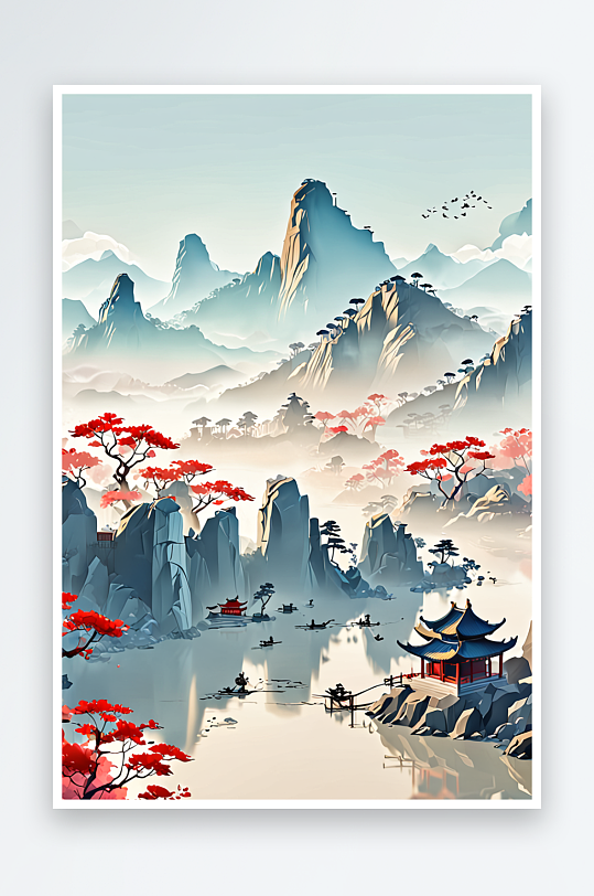 古典传统中式风水墨山水画