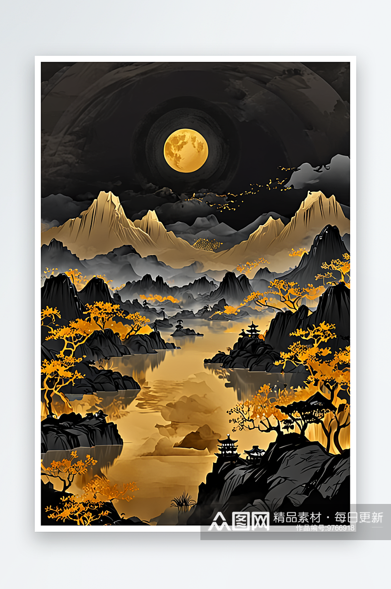 传统中式画背景金色黑色山水水墨月亮素材