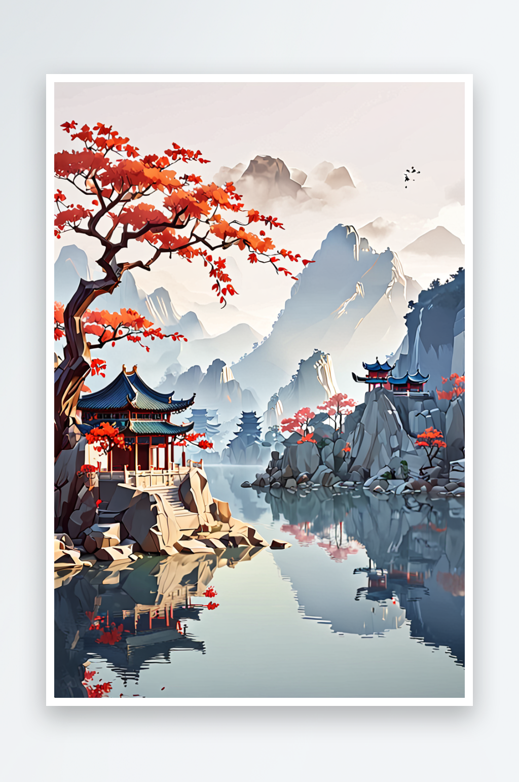 潮风的中式传统风景画素材