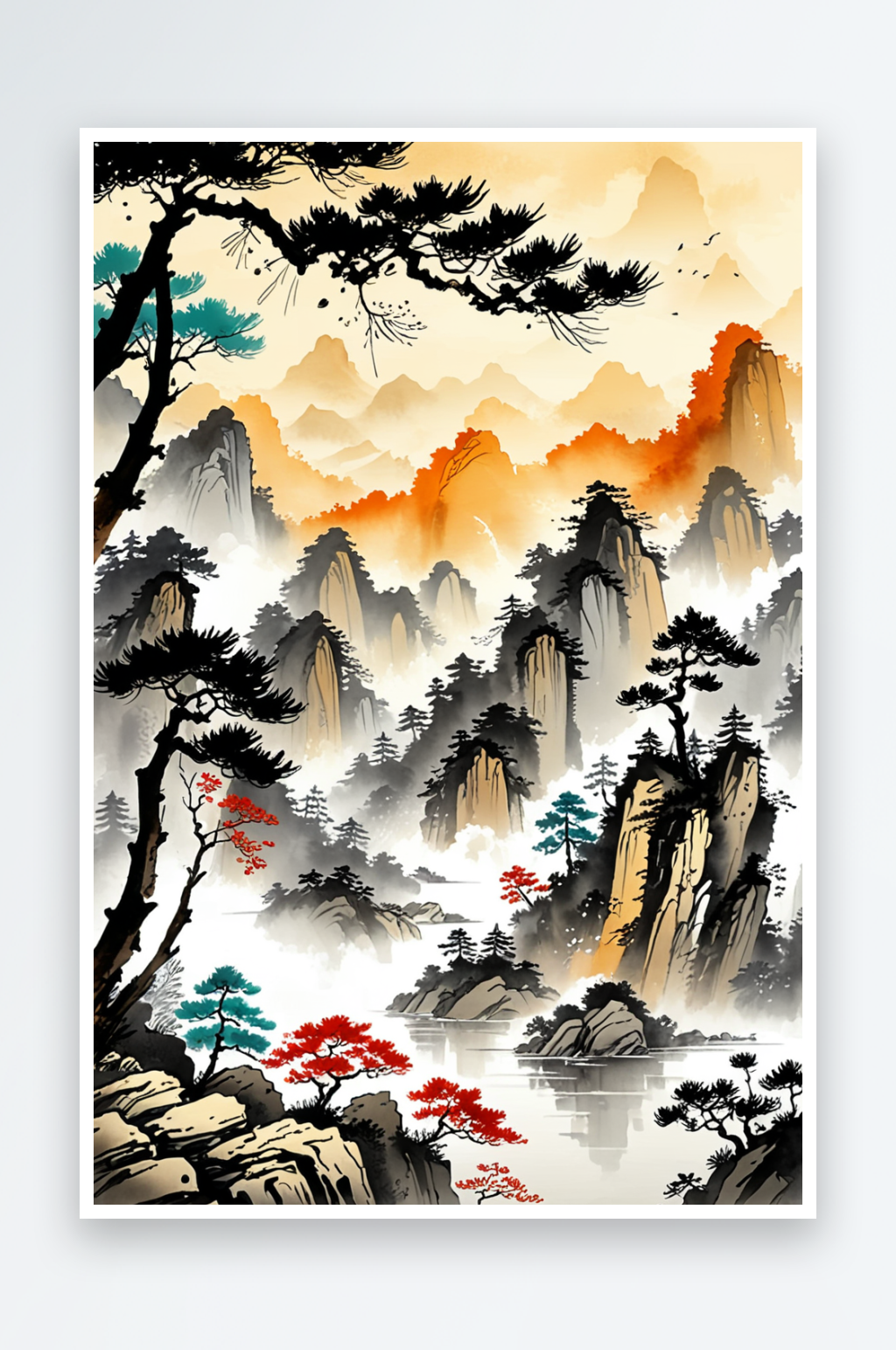 唯山川悬崖松树中风水墨画素材