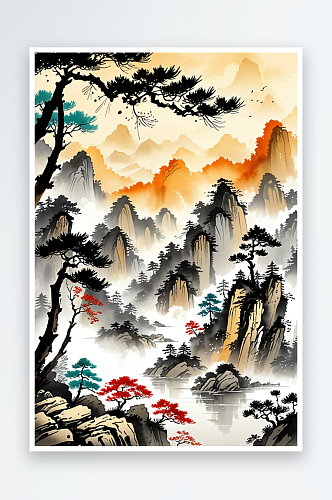 唯山川悬崖松树中风水墨画