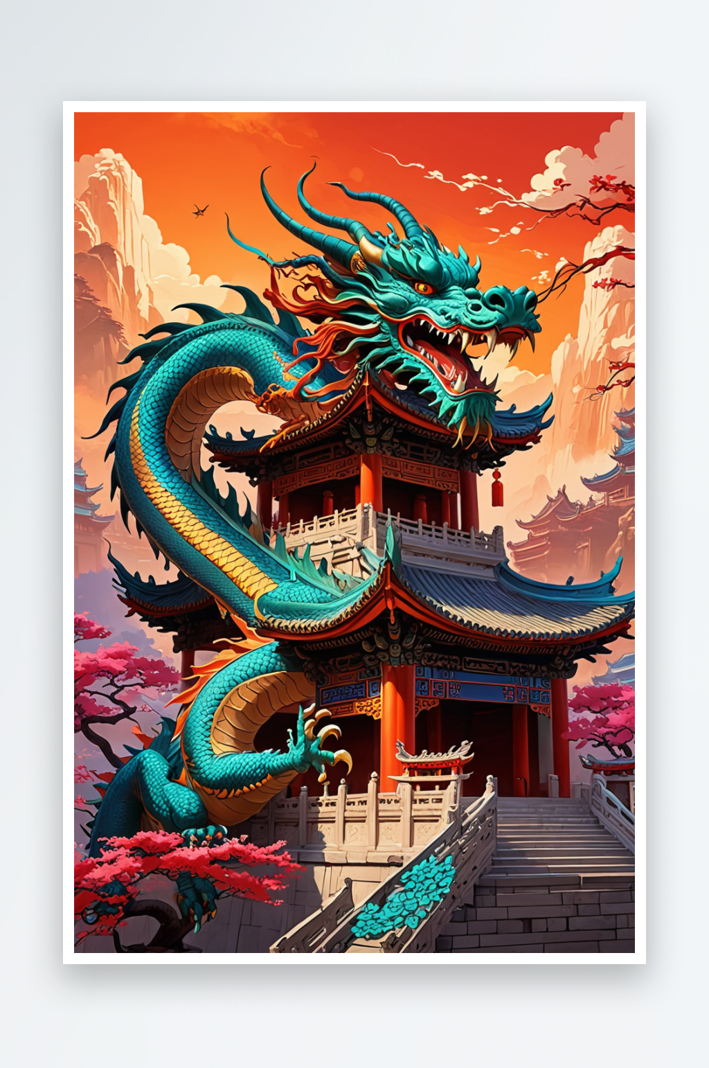 围绕着中古代建筑的龙素材