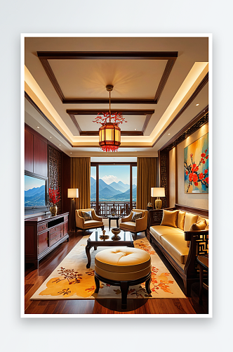 实木家具的中式风格豪华酒店套房客厅