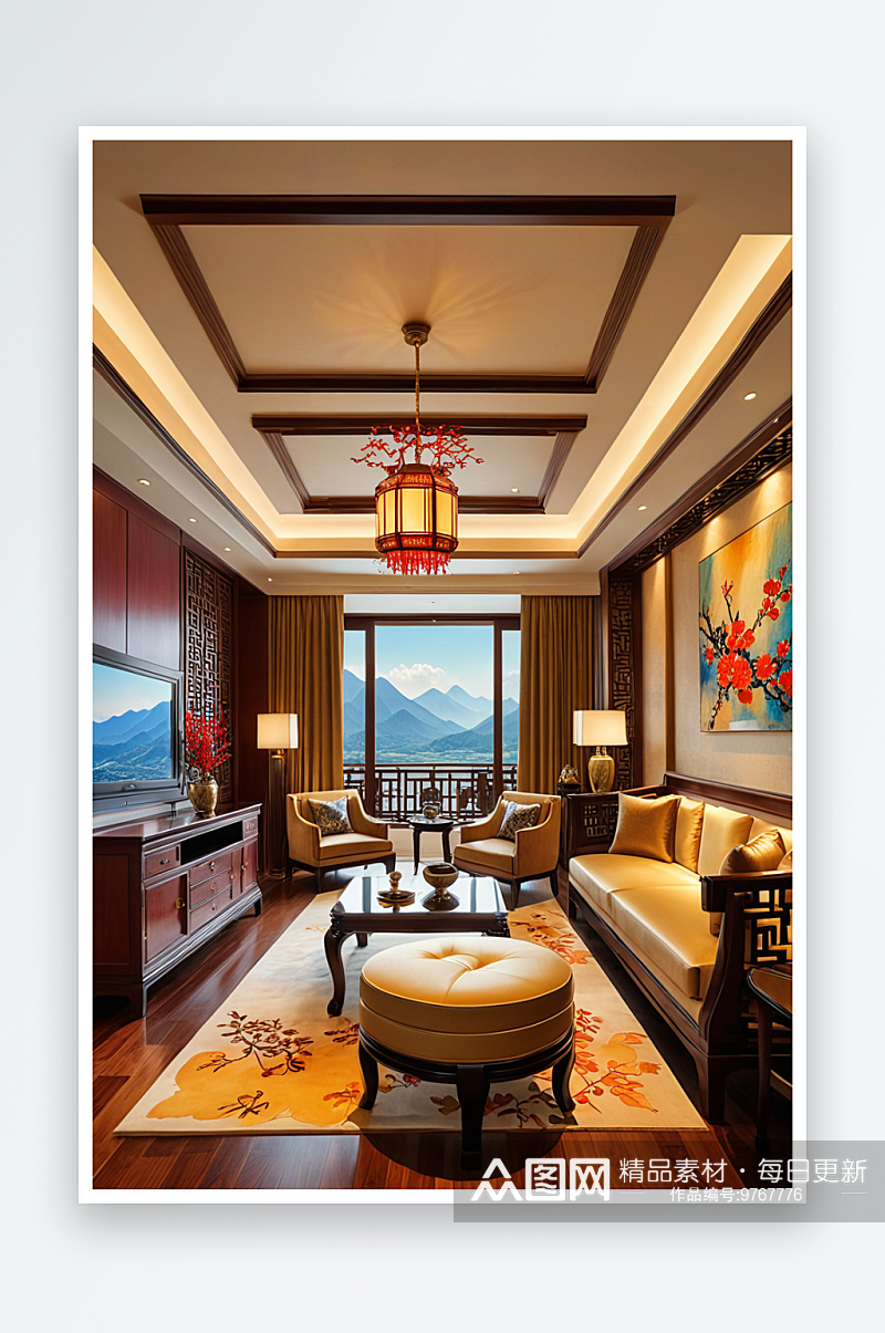 实木家具的中式风格豪华酒店套房客厅素材