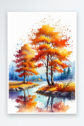 秋天的风景水彩插画