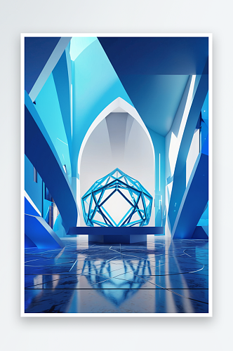 蓝色创意几何体建筑空间渲染