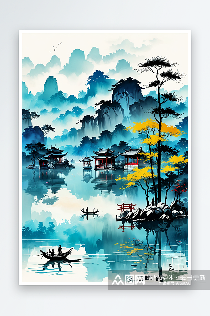杭州旅游西湖景区水墨画中风素材