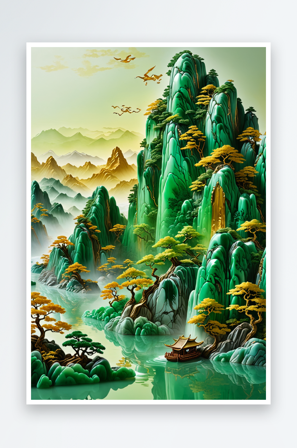 高级青绿翡翠玉石鎏金玉雕立体中千里江山图素材下载-众图网