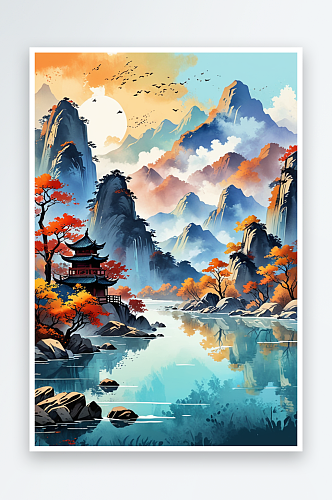 复古画画轴水彩风格山河秋色插画背景图