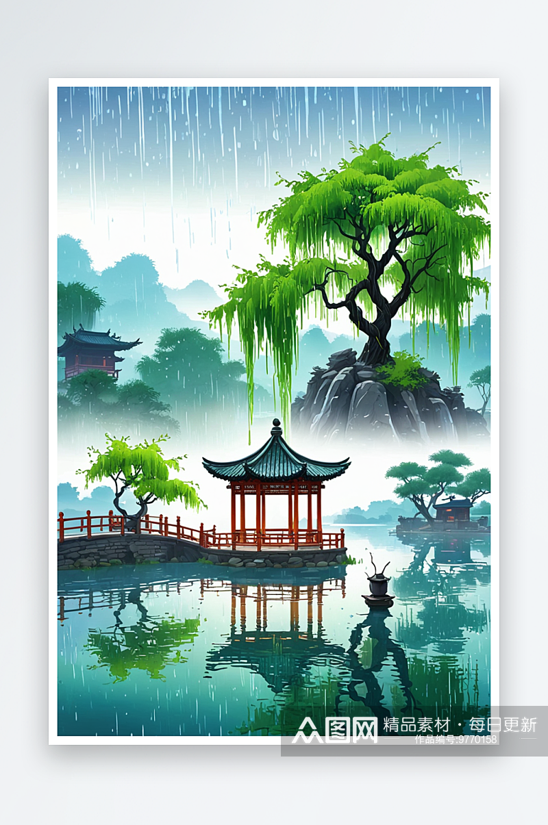 插画柳树燕子古亭杨柳清明雨水谷雨春天自然素材