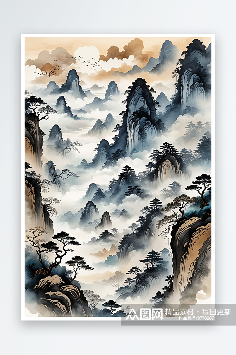 中式式水墨山水画风格云雾唯意境背景素材