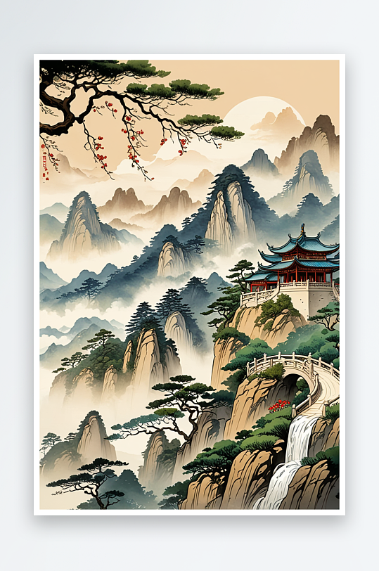 中式式山水迎客松山脉建筑画风格插画