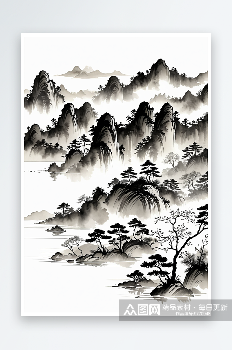 中式山水水墨画手机竖版素材