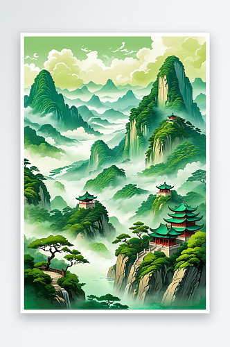 中式山水风格插画青山绿水云雾缭绕几座古建