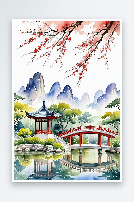 中式风园林亭台楼阁水彩画