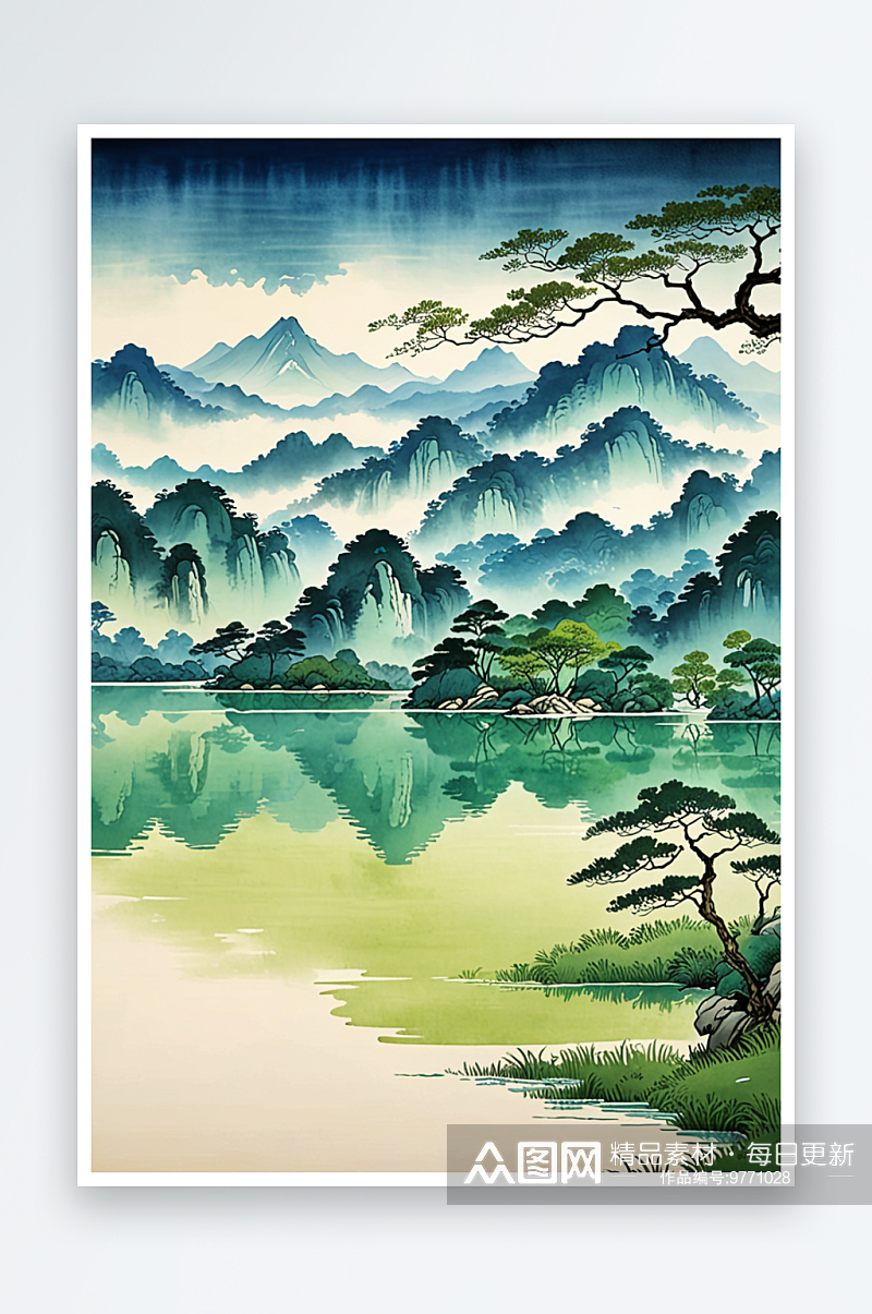 中式风新中式式中式画青绿山水画仿古浮世绘素材