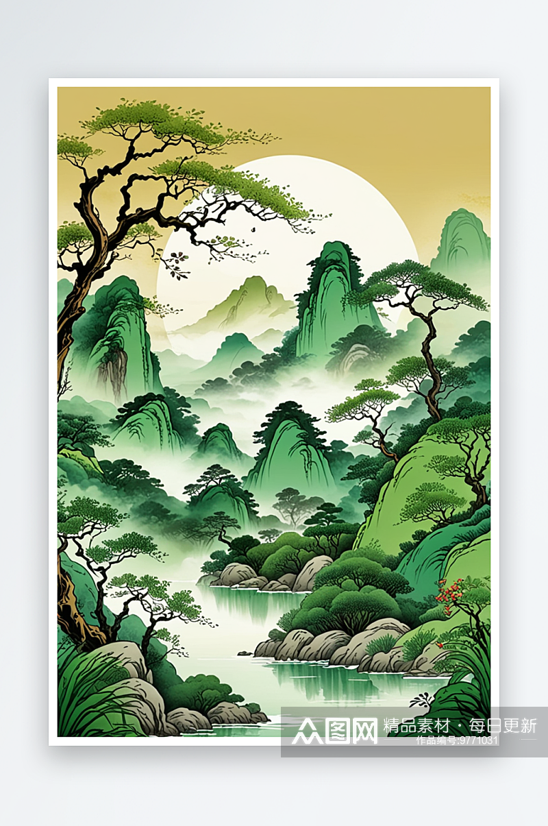 中式风新中式式古风中式画青绿山水画背景素材