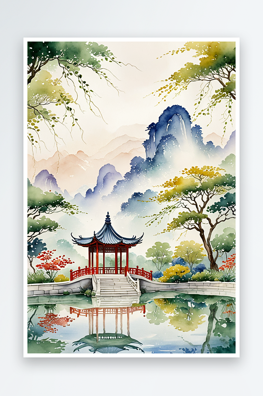 中式风亭台楼阁园林水彩画
