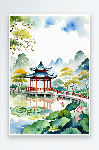 中式风亭台楼阁园林荷花水彩画