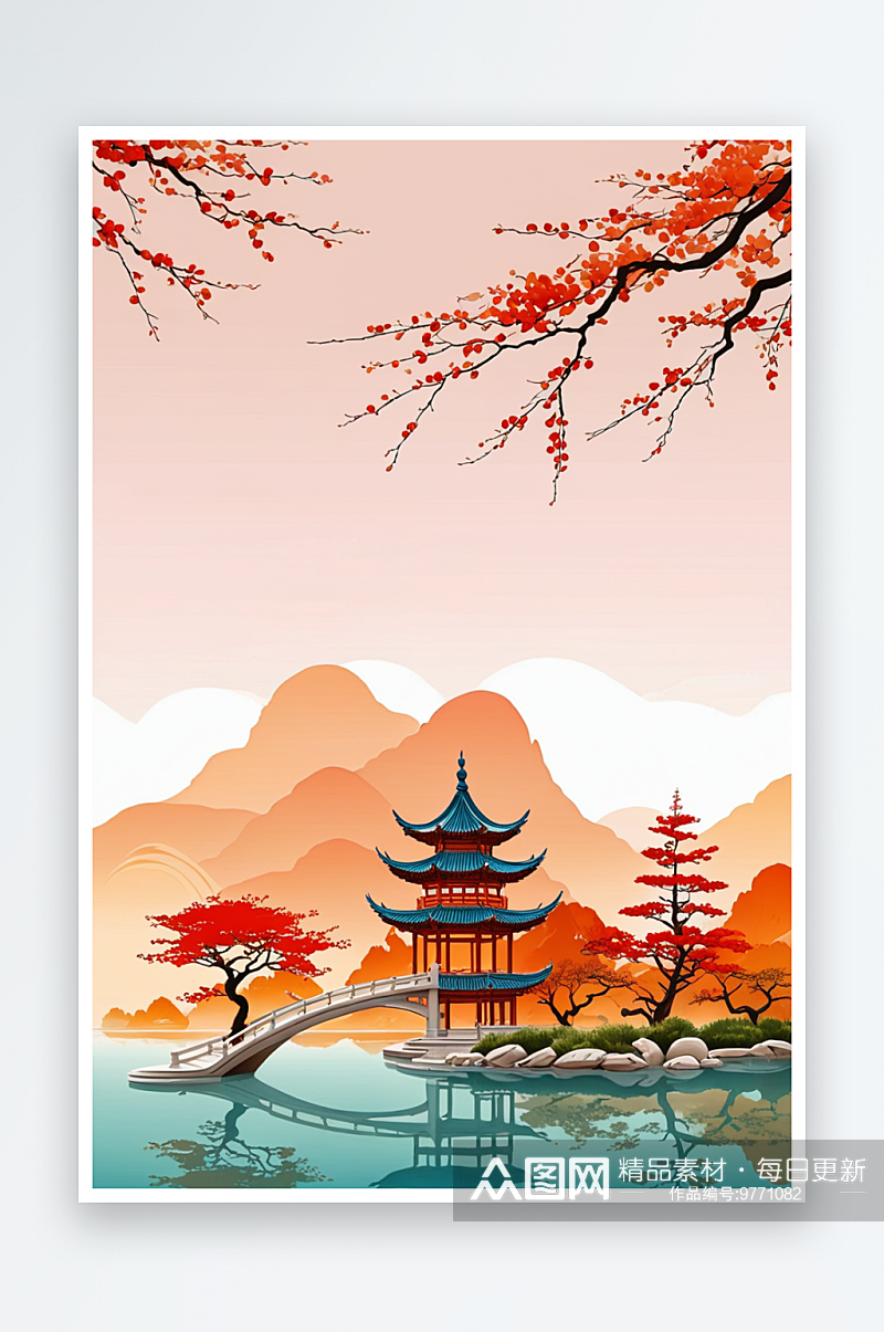中式风水彩旅游景观插图山水亭台楼阁素材