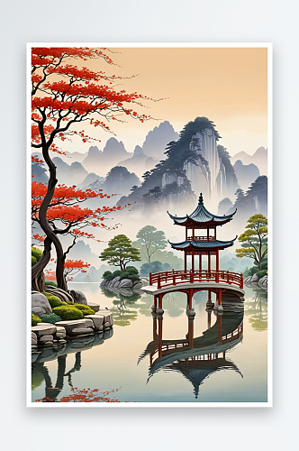 中式风山水亭子图片
