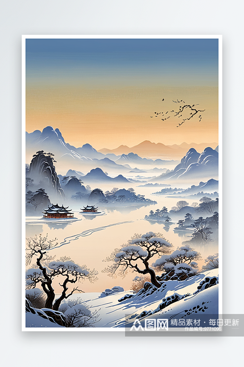 中式风山水画冬季风景素材