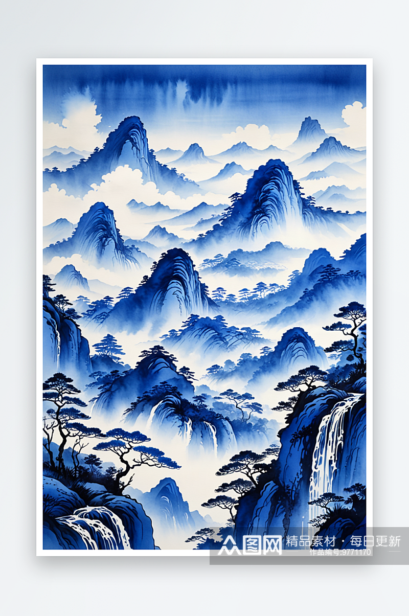 中式风蓝色水墨山水画层叠风景插画素材