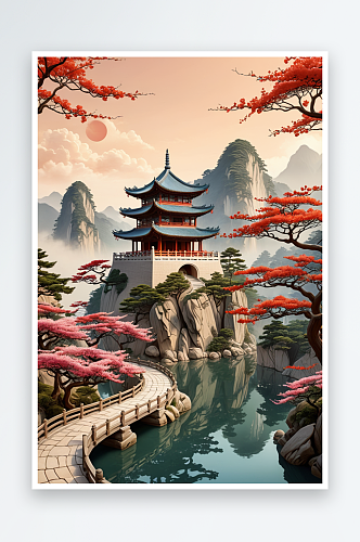 中式风建筑山水风景插画