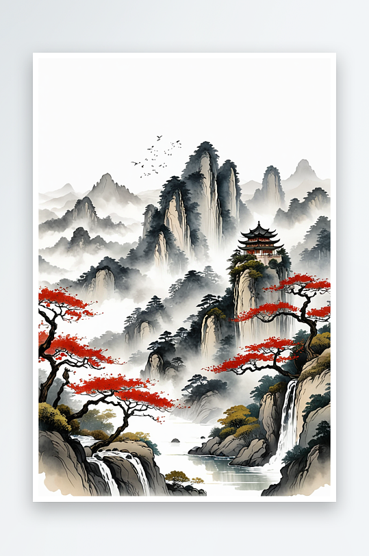 中式风户外无人风景旅行旅游画水墨画山水画