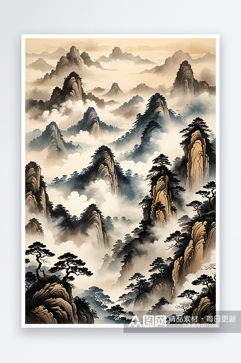 中式传统水墨画胡泊山云雾素材